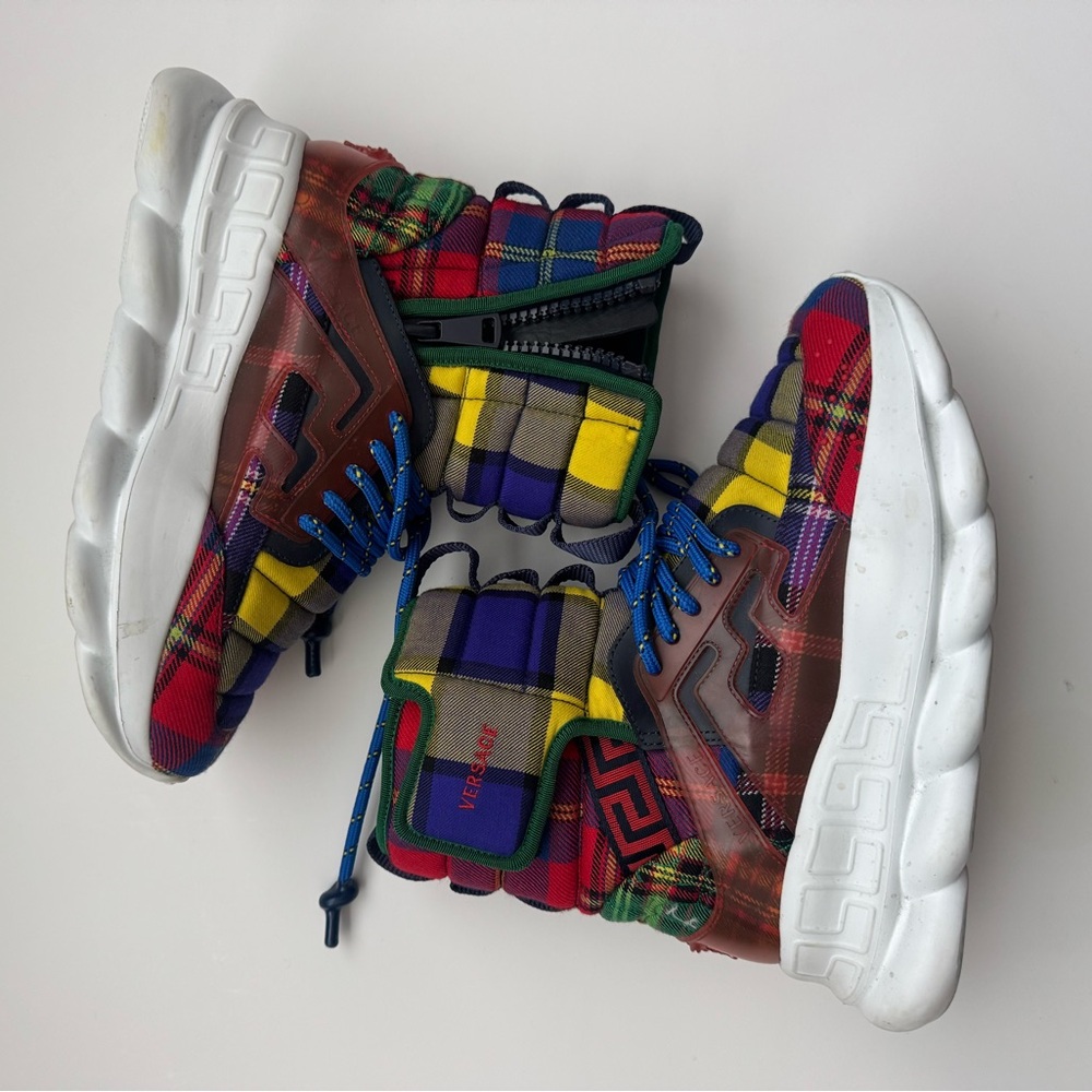Versace Multicolor Plaid High-Top Sneakers with White Soles